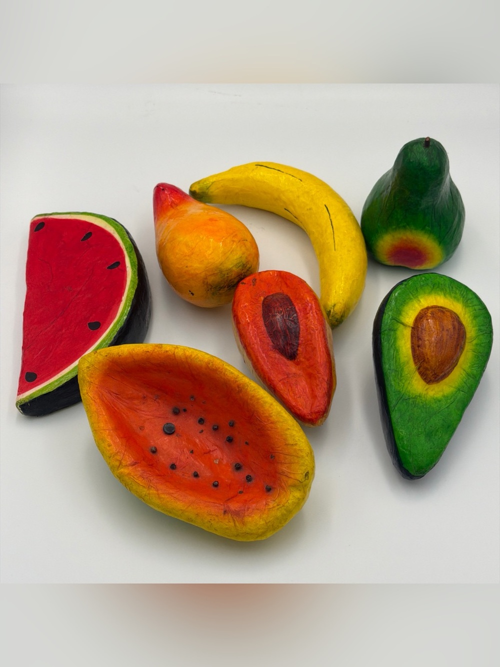 Vintage Paper-mâché Artificial Fruits Lot Of 7 - Watermelon Banana Avocado Etc.,